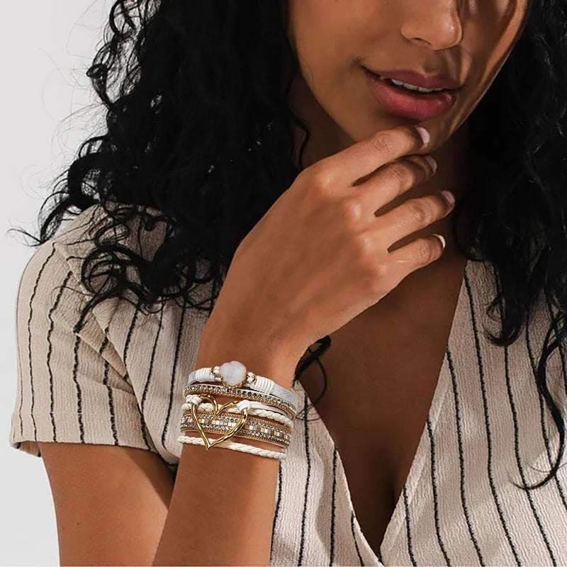Suyi Multilayer Leather Wrap Bracelet Heart-Shape Wide Cuff Bracelets for Women - Image 4